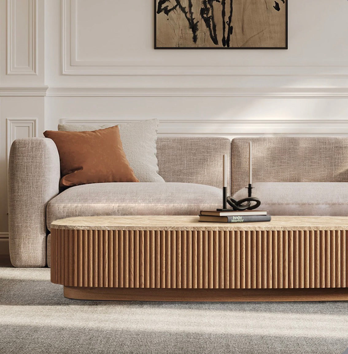 Alora Mermer Detaylı Ahşap Orta Sehpa